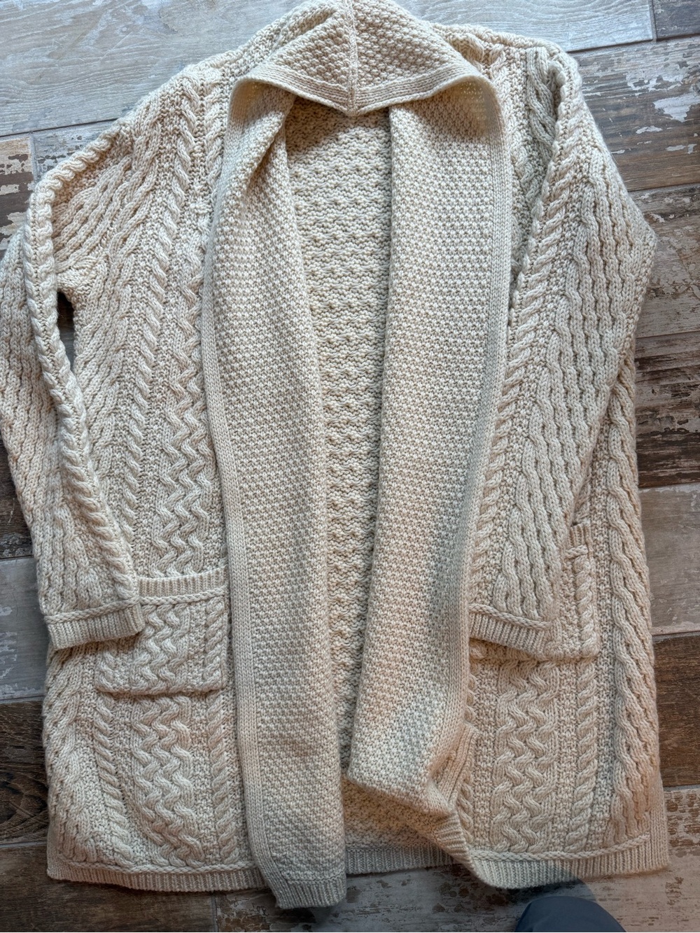 Aran Mor 100% Merino Wool Cozy Cable Knit Open Cardigan Sweater - Cream
